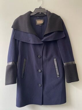 NWOT! Mackage Isabel Blue & Black Wool Pea Coat/Jacket Ribbed Collar Small